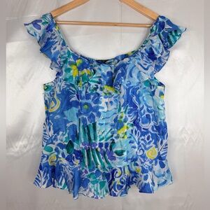 Lauren‎ Ralph Lauren 100% Silk Floral Ruffle Button Top Size 14